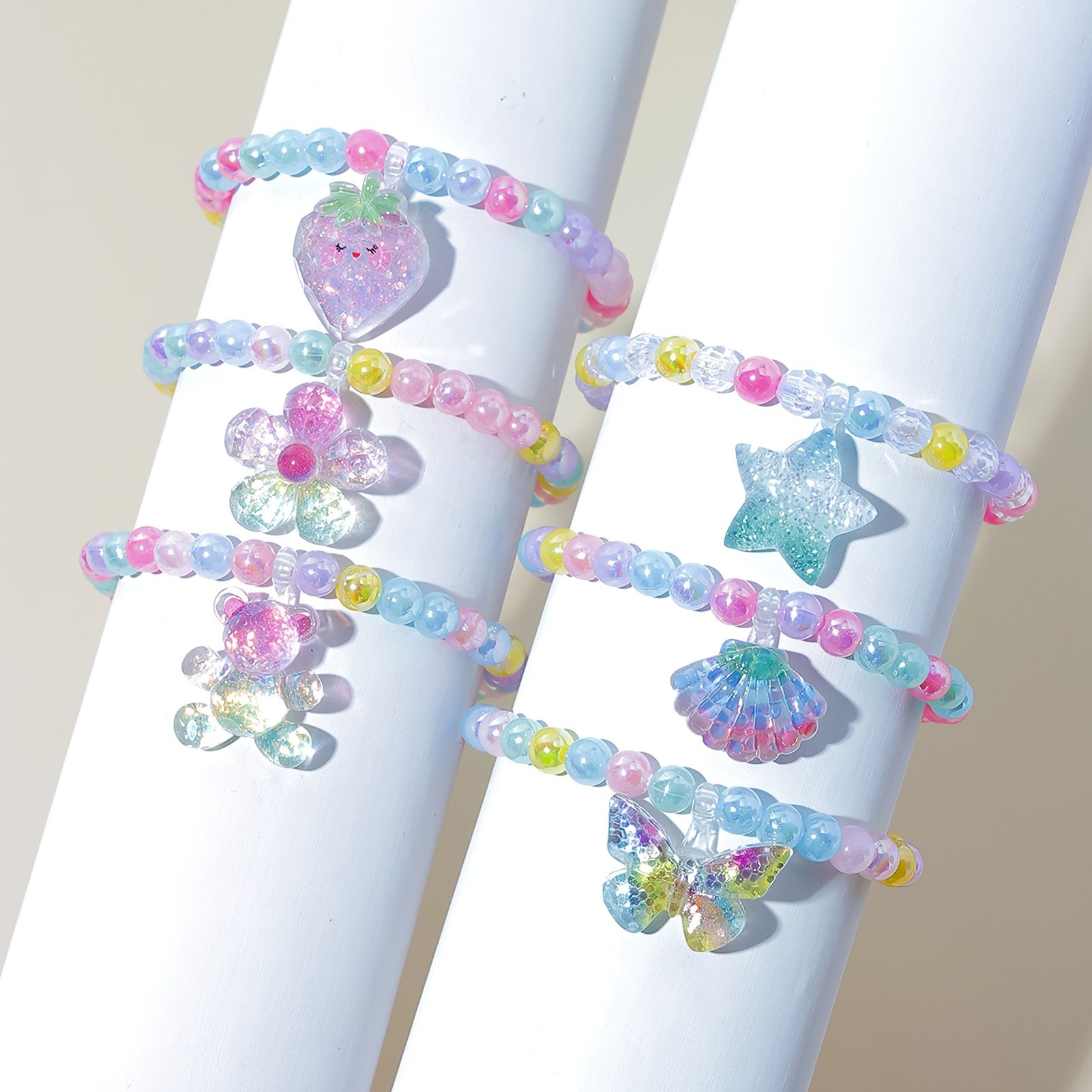 6pcs Multi-color Bead Bracelet Set with Cute Pendants for Girls